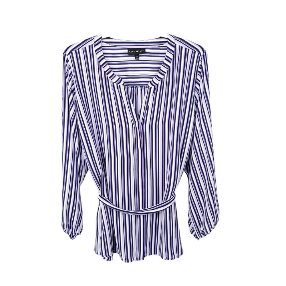Lane Bryant Purple and White Striped Belted Blouse